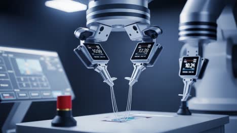 advanced robotic arms with precision grippers handling components in a high-tech laboratory environment, showcasing automation and precision technology