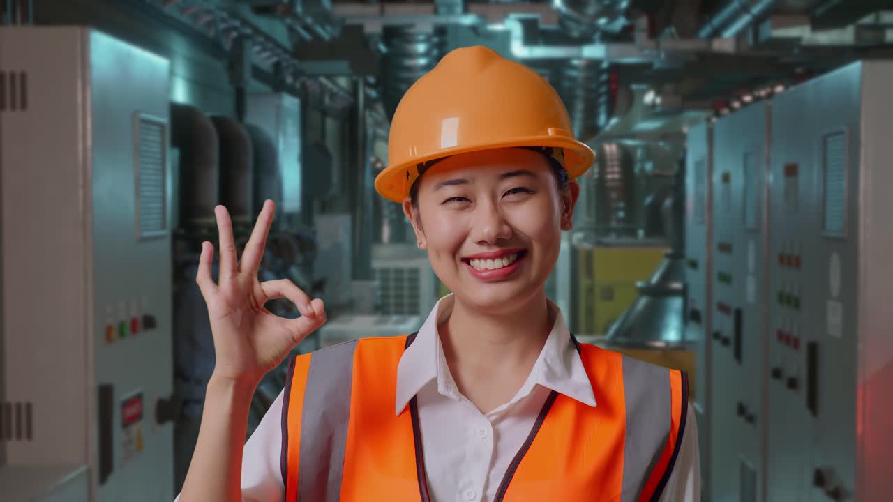 Smiling Female Engineer Showing Ok Sign in Industrial Setting