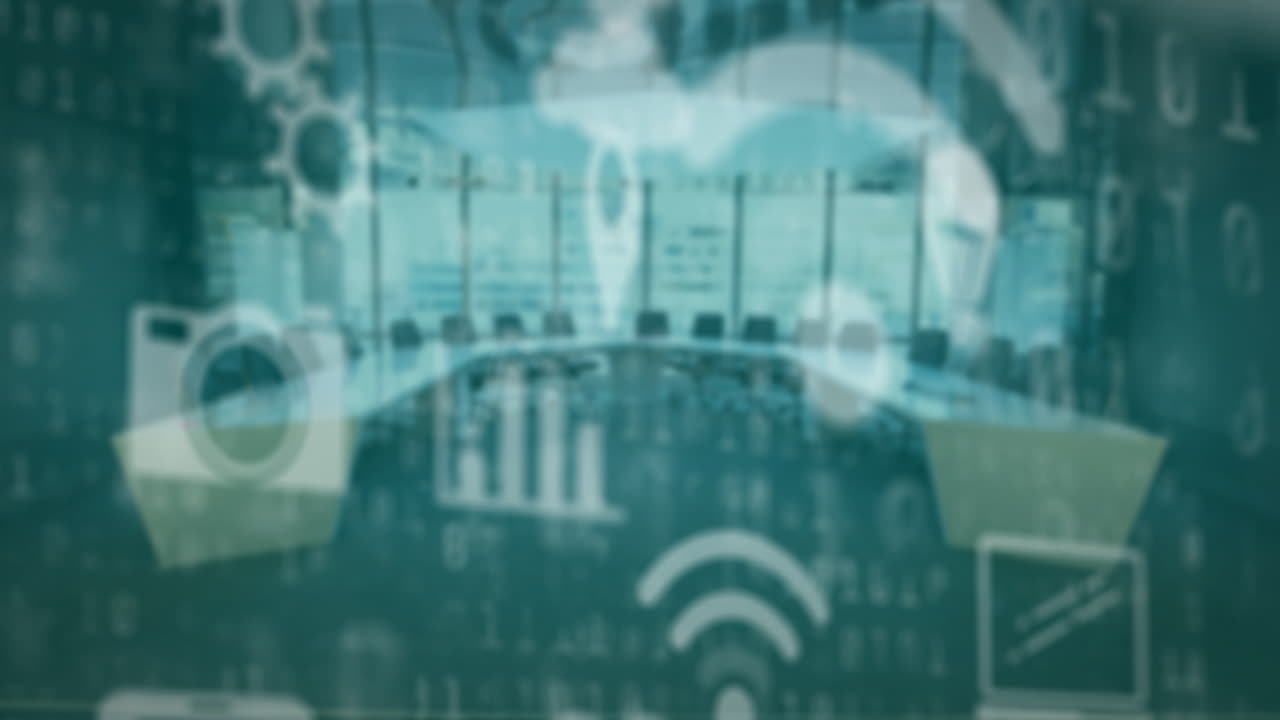 Animation of digital data icons overlaying modern conference room setting