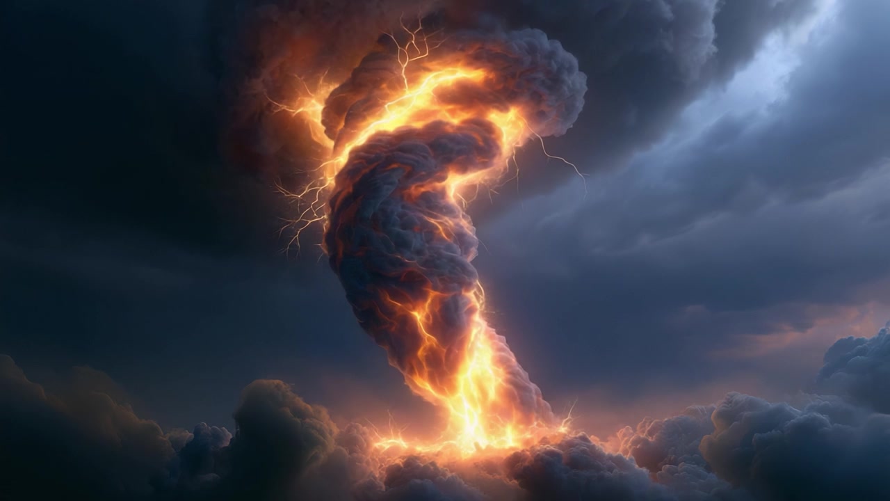 En dramatisk lyn-tornado hvirvlende gennem mørke skyer med flammende energi og elektriske udladninger, der oplyser himlen i en post-apokalyptisk atmosfære