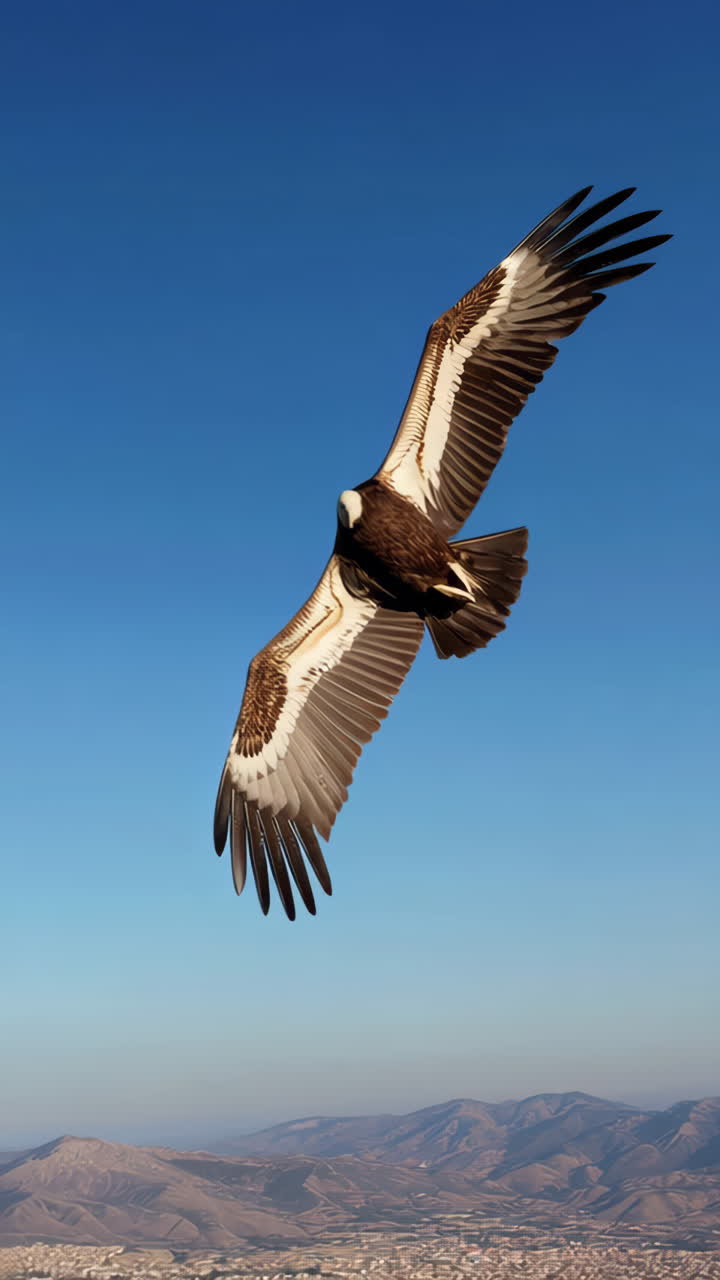 Majestic Bird of Prey Soaring in Clear Blue Sky Over Mountains