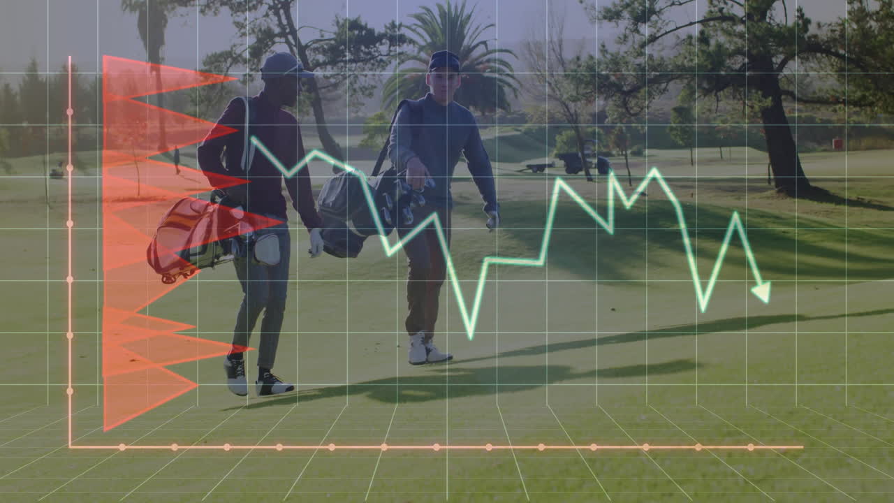 Two men walking across golf course fairway, showcasing finance charts, 3D grid and line graph