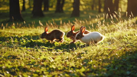 three baby rabbits in a sunny forest