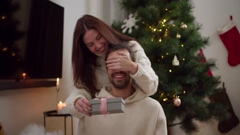 a brunette girl in a white sweater closes her boyfriend's eyes and then gives him a gray box with a gift near the new year tree in the apartment decorated in the new year's atmosphere in the evening