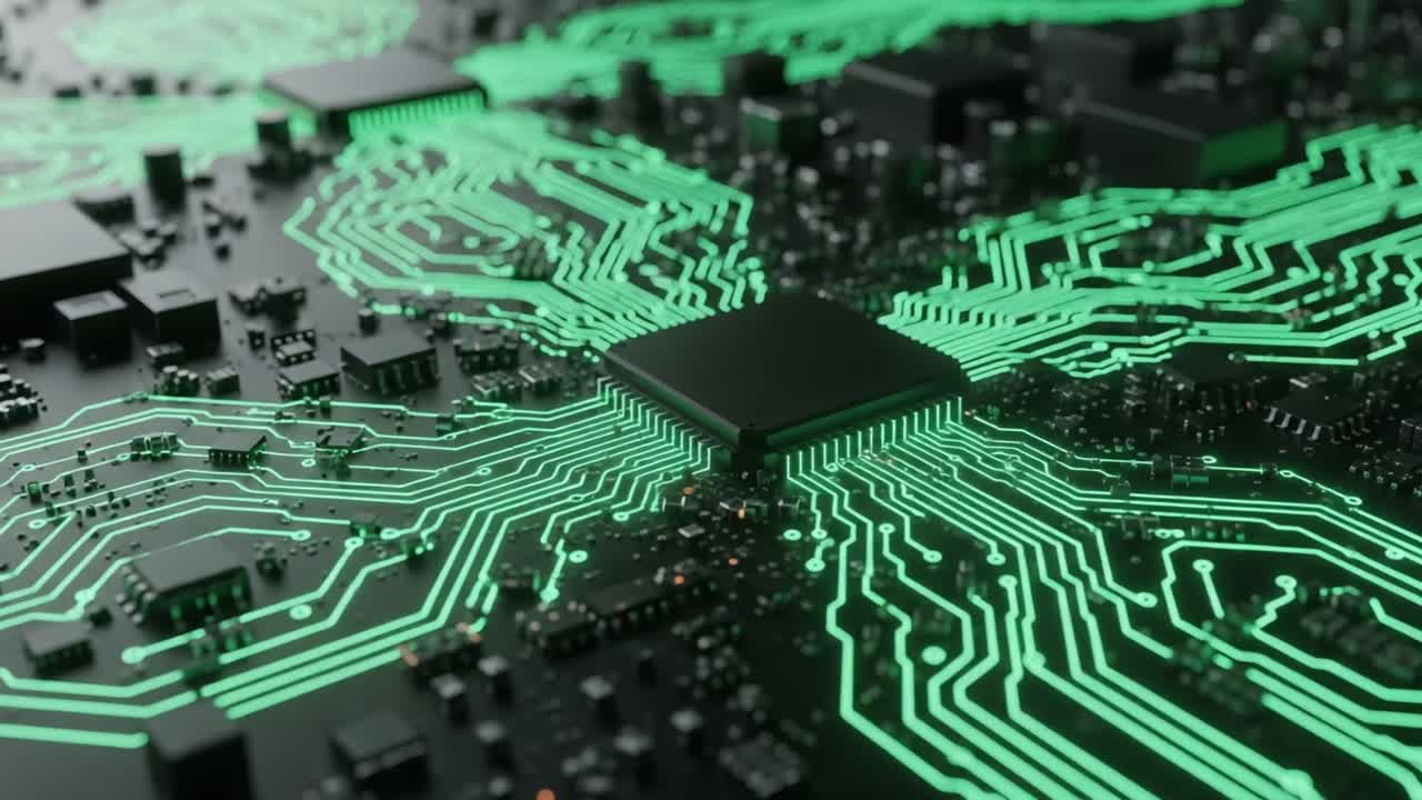 Exploring the Intricacies of Advanced Circuitry: A Detailed Visual Representation of a Microchip and Its Connectivity within a Circuit Board