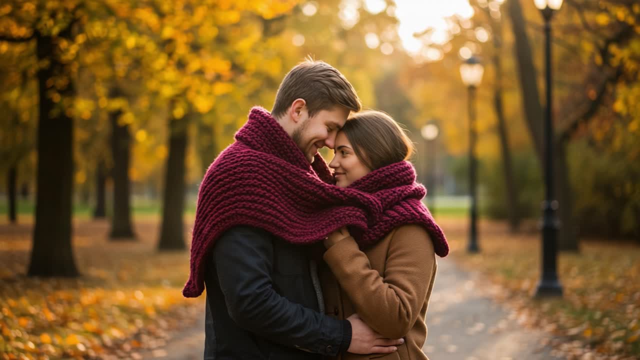 Couple Embracing in a Romantic Autumn Park