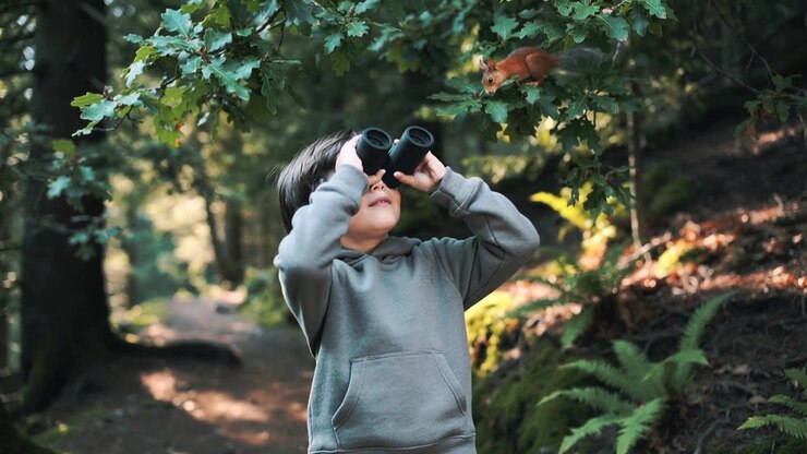 Spotting movement, child in hoodie raising black binoculars on mossy trail, watching red squirrel