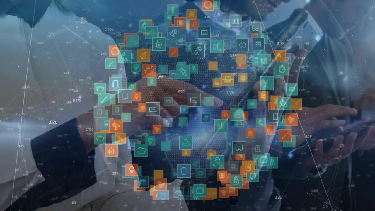 Animation of globe of connections with icons over diverse business people using electronic devices