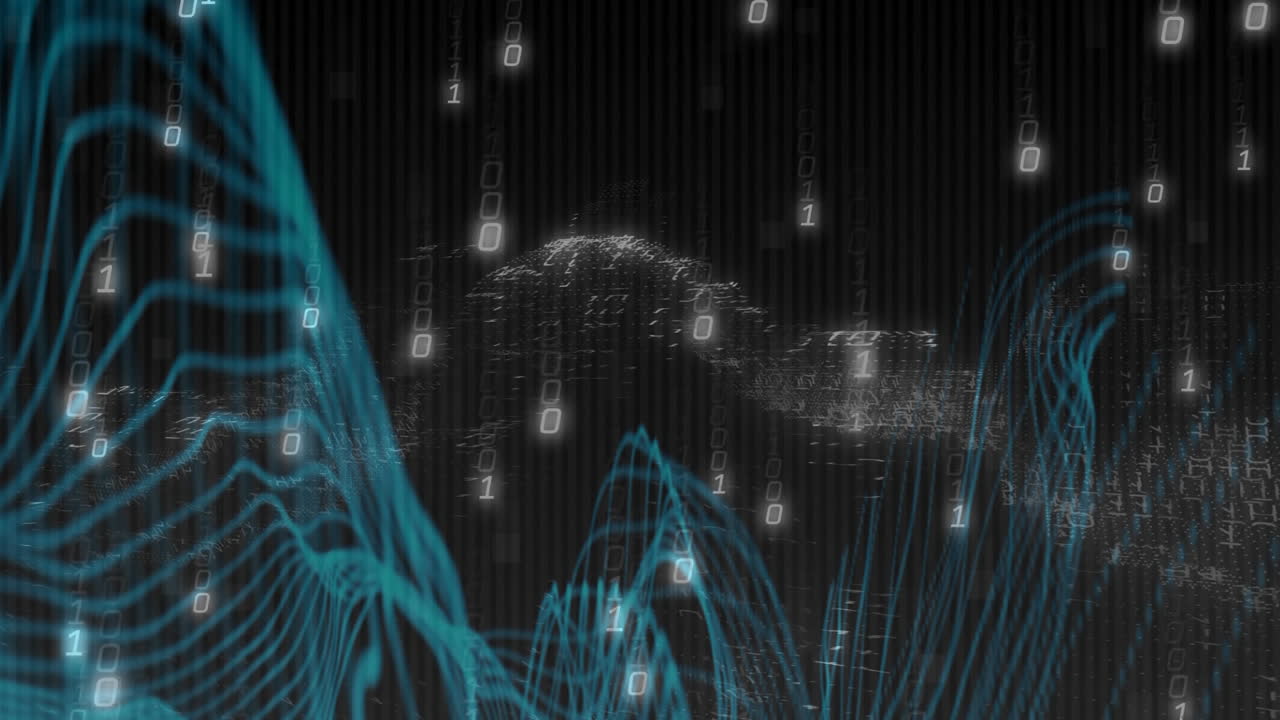 Animation of digital data streams with binary code over abstract blue wave patterns