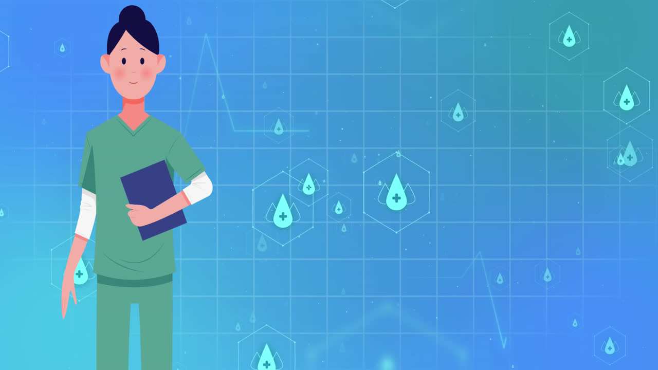 Animation of medical icons and female nurse on blue background