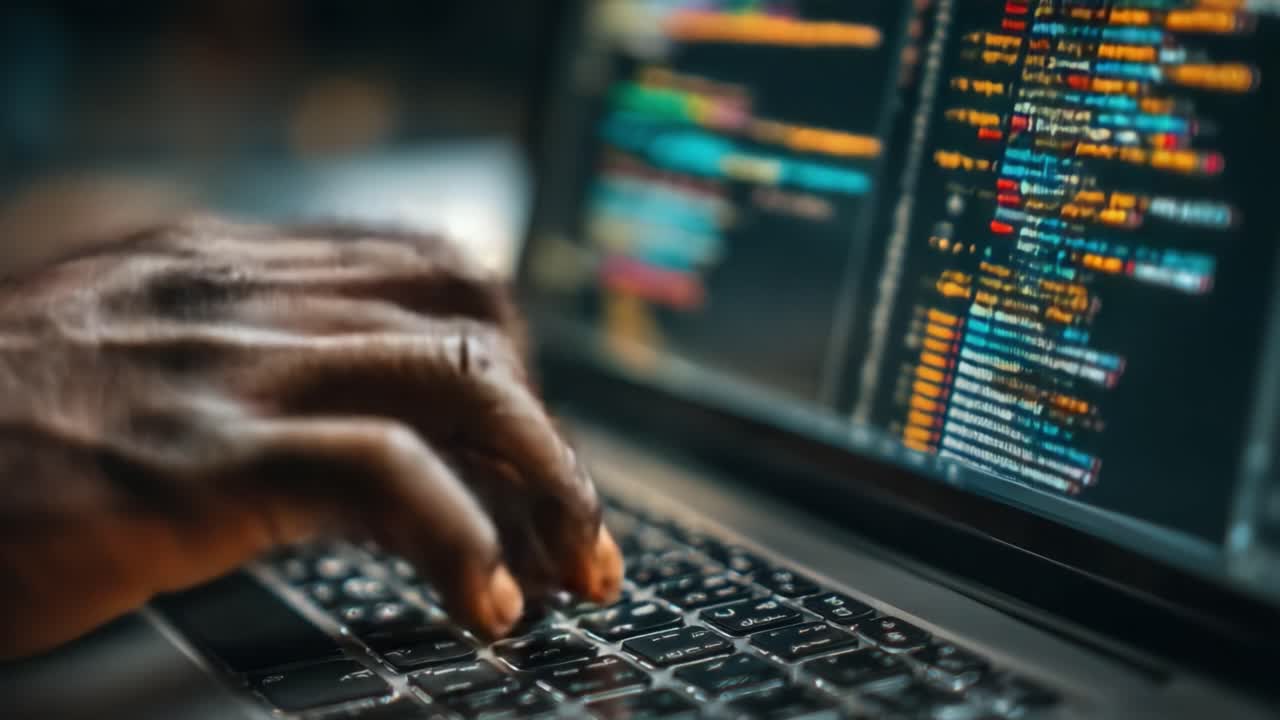 A Programmer Focused on Coding: Captivating Close-Up of Hands Skillfully Typing on a Laptop with Colorful Code Displayed on the Screen