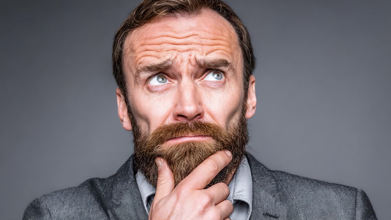 Un uomo pensieroso con barba e in abito riflette profondamente esprimendo incertezza e preoccupazione, mostrando un atteggiamento ponderato su uno sfondo neutro.