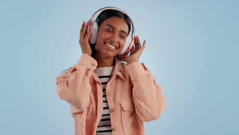 happy woman, headphones and dancing to music