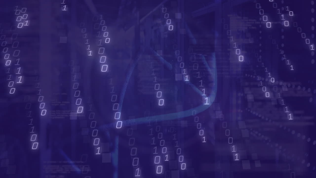 Animation of binary code streaming over blue background suggesting data processing