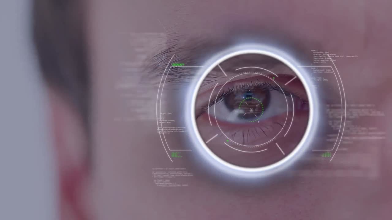 animación del visor, datos y ojo círculo del hombre caucásico
