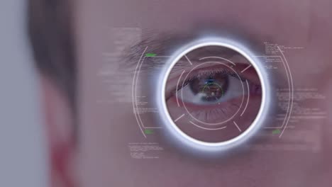 Animation-of-viewfinder,-data-and-circle-eye-of-caucasian-man