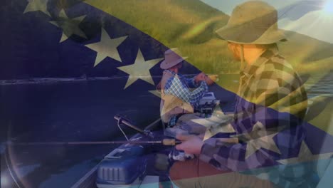 animation of flag of bosnia and herzegovina over caucasian men fishing