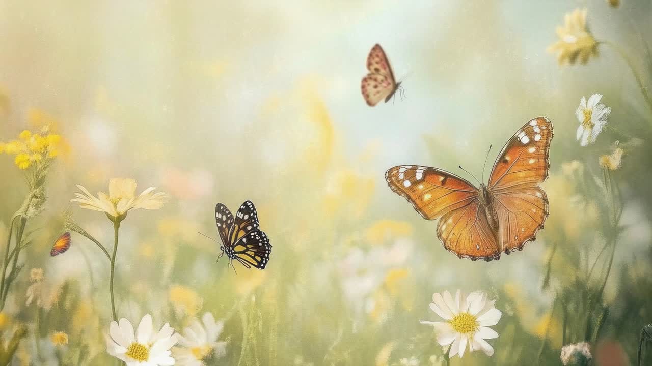 Low-angle video of a sunlit meadow with daisies and butterflies, capturing a dreamy, serene