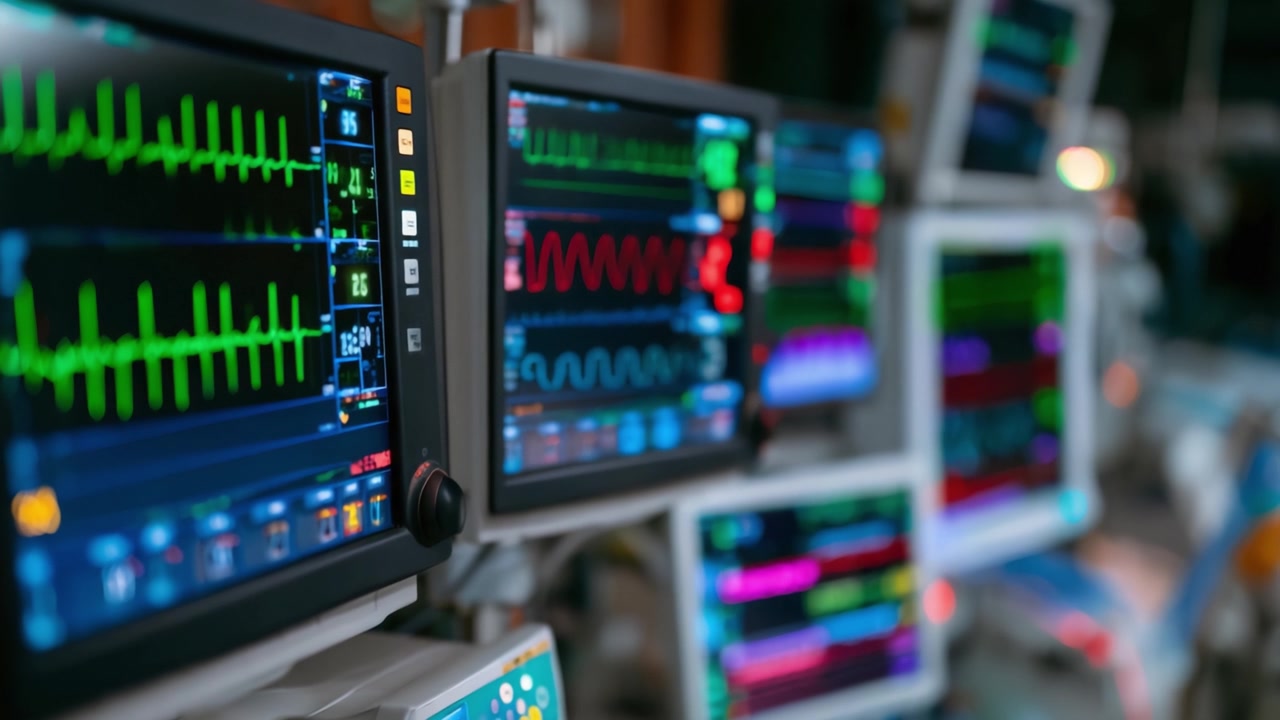 A Close-Up View of Multiple Medical Monitors Displaying Vital Signs and Heart Rate Readings in a Healthcare Setting, Emphasizing the Importance of Patient Monitoring.