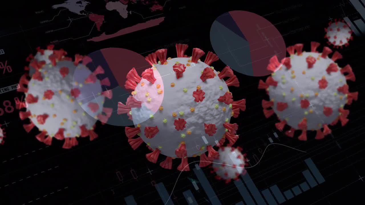 animación digital de múltiples células de covid-19 contra el procesamiento de datos estadísticos en fondo negro