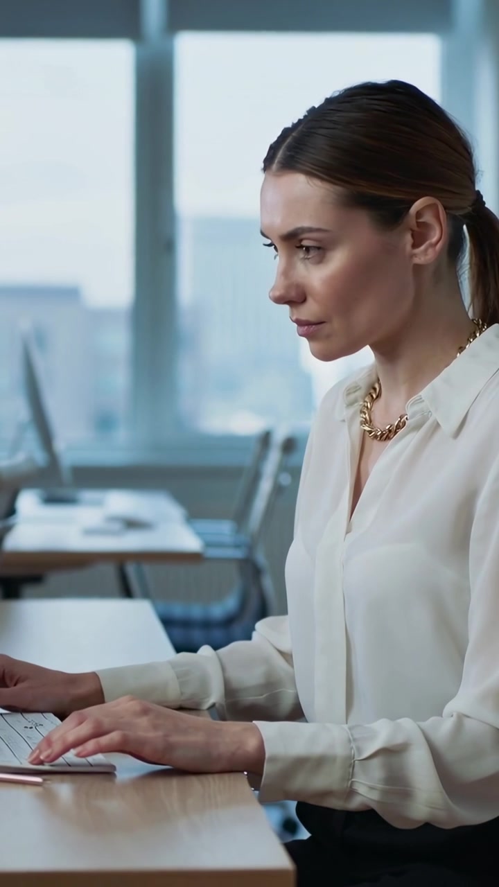 Vertikales Video: Tippende Büroangestellte in Bluse und Goldkette pausiert, blickt auf Tasten, Platz für Text.