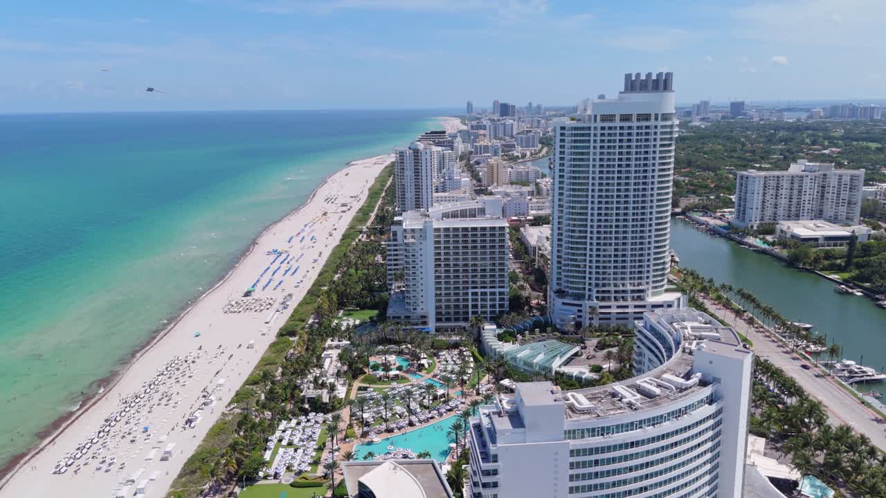 Aerial establisher iconic buildings at Miami Beach in Florida, luxurious city development