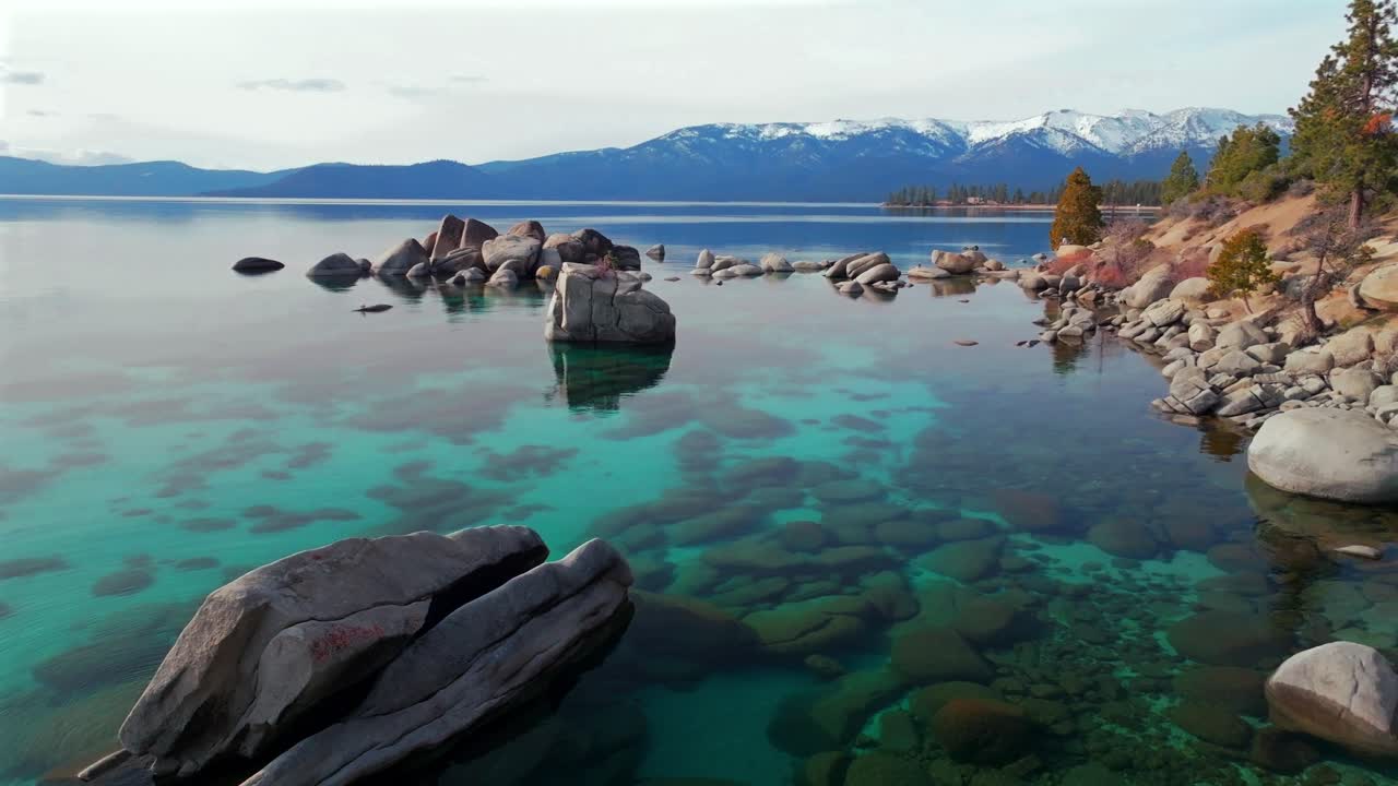 Lake Tahoe standing on rocky large boulders shoreline crystal clear glassy turquoise fresh water aerial drone Sand Harbor California sunny winter clouds Secret Chimney beach Incline Village pan left