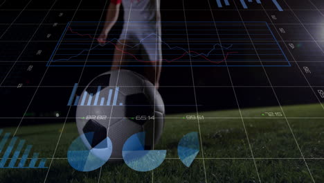 jugador de fútbol con pelota sobre datos financieros y animación de gráficos