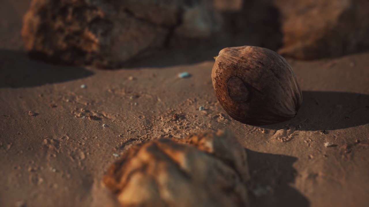 coco marrón en la arena de la playa