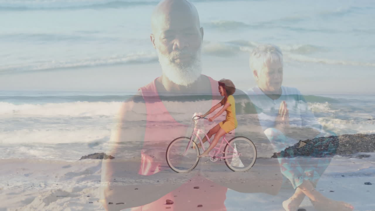 woman riding bike, man meditating, woman meditating on beach showing health graphs and heart icon