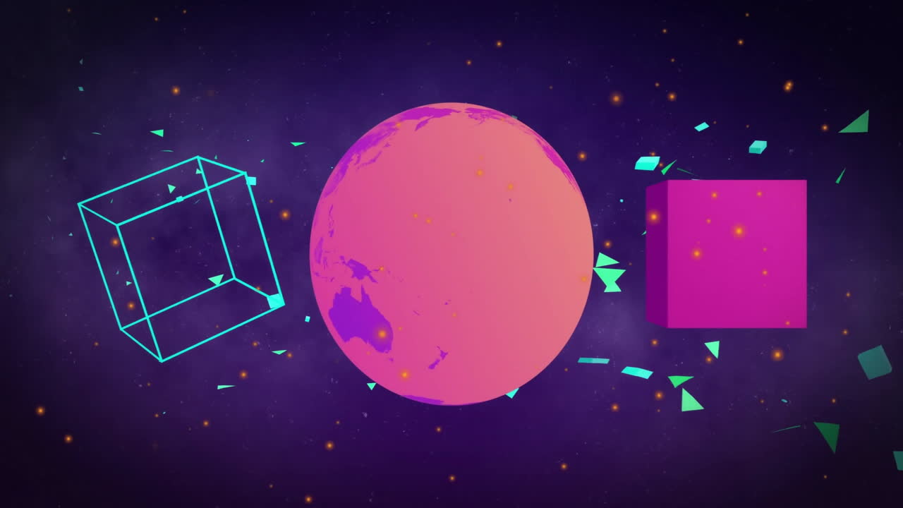 Animation of shapes and globe over black background