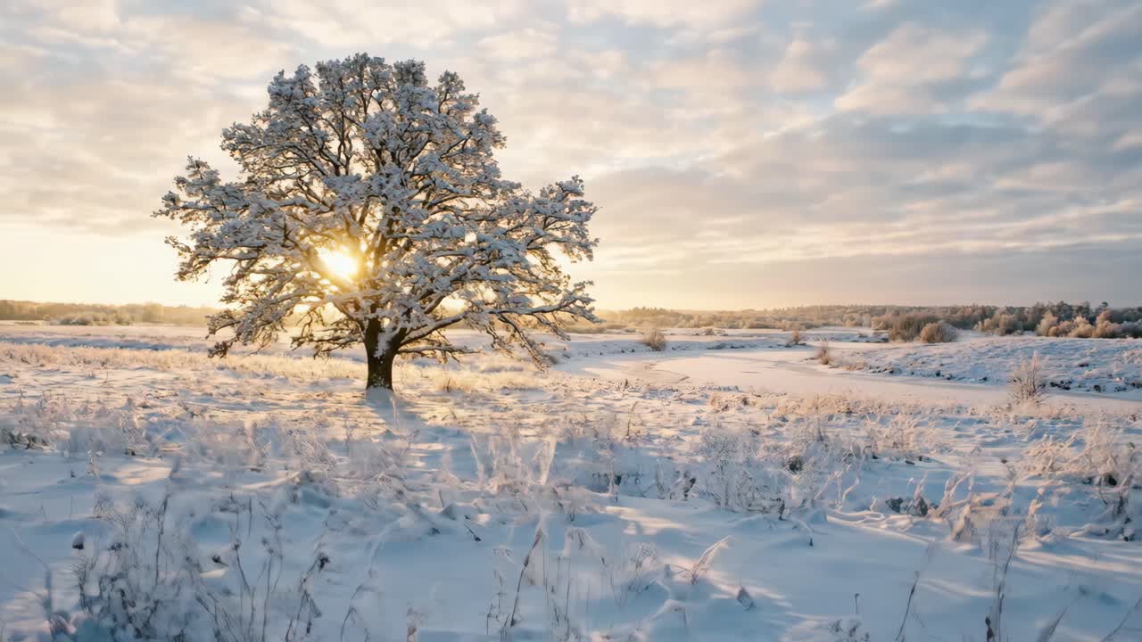 Gyllene timmens solljus på ett snötäckt träd på vintern