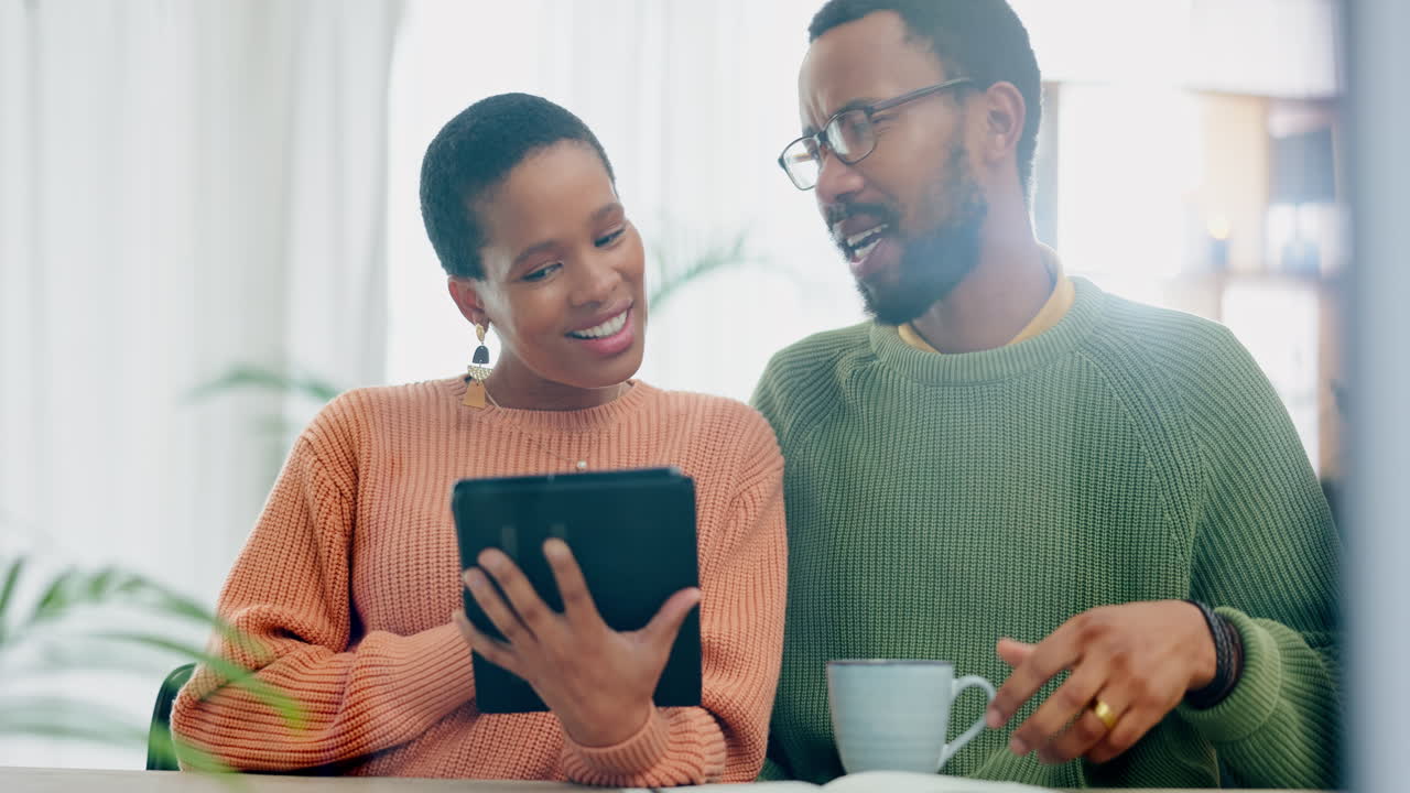 Tablet, conversation and couple with coffee