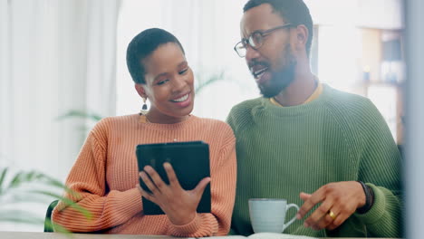 Tablet,-conversation-and-couple-with-coffee