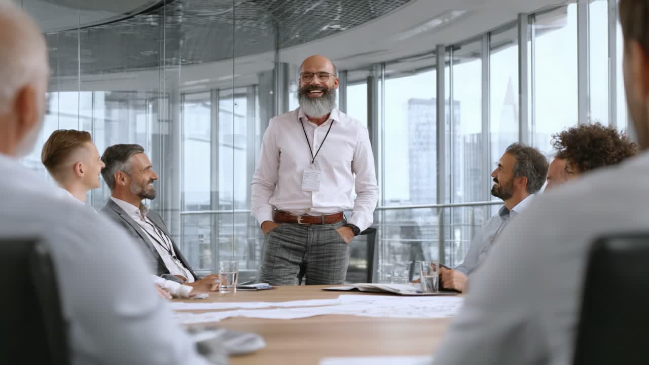 A Confident Leader Engaging a Team During a Business Presentation in a Bright, Modern Conference Room with a View of the City Landscape