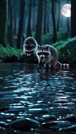 raccoons by a stream at night