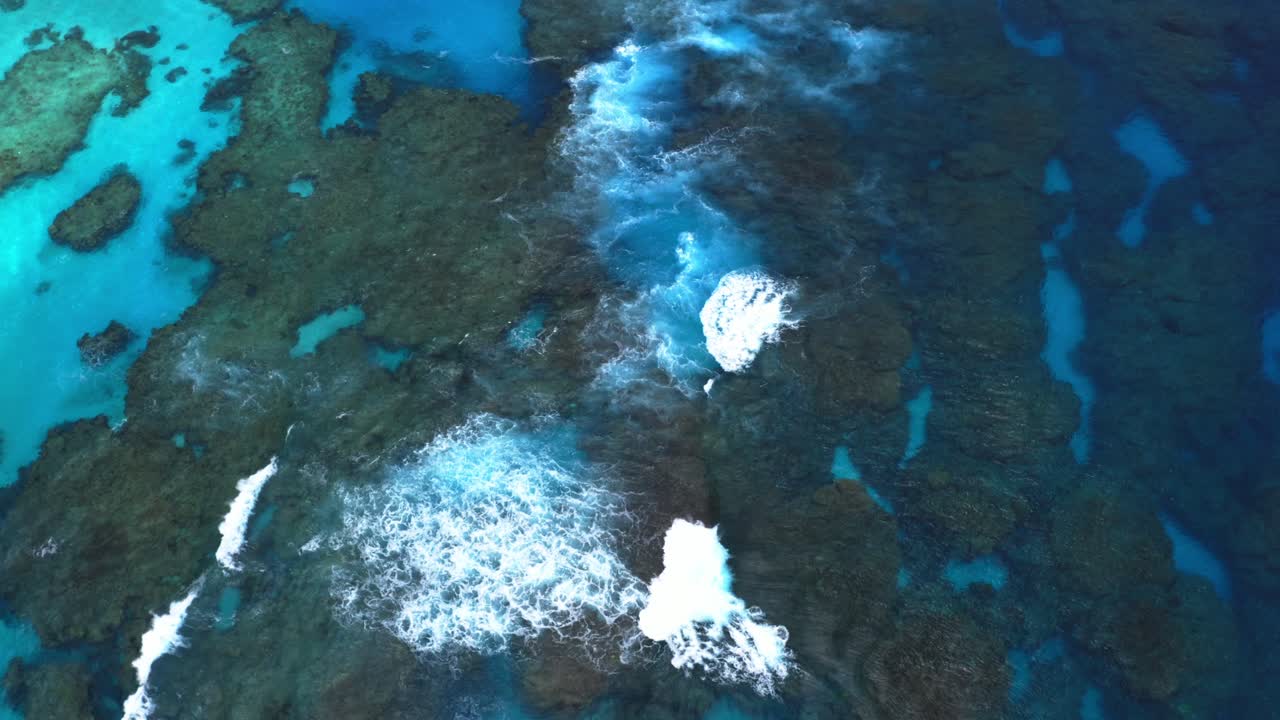 un dron captura una fascinante toma de un arrecife de laguna azul con olas rompiendo durante el día, mostrando la gran belleza del arrecife y el elemento dinámico de las olas