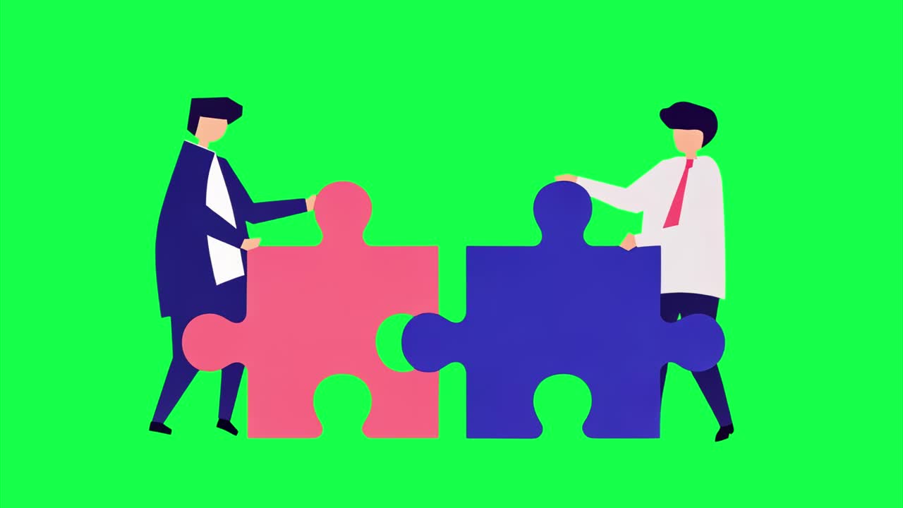 Animazione di collaborazione tramite pezzi di puzzle, video 4K trasparente, green screen