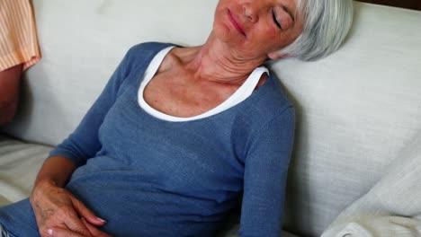 mujer mayor durmiendo en el sofá en la sala de estar