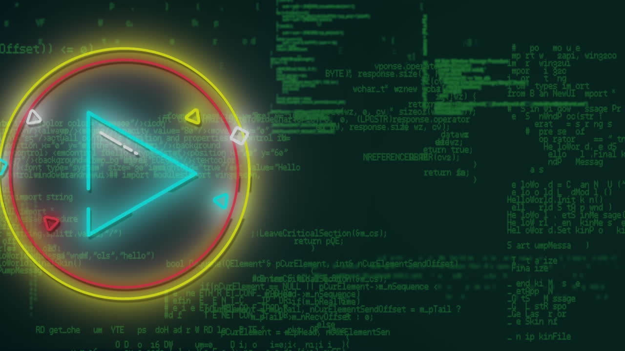 Animation of neon play button over data processing on black background
