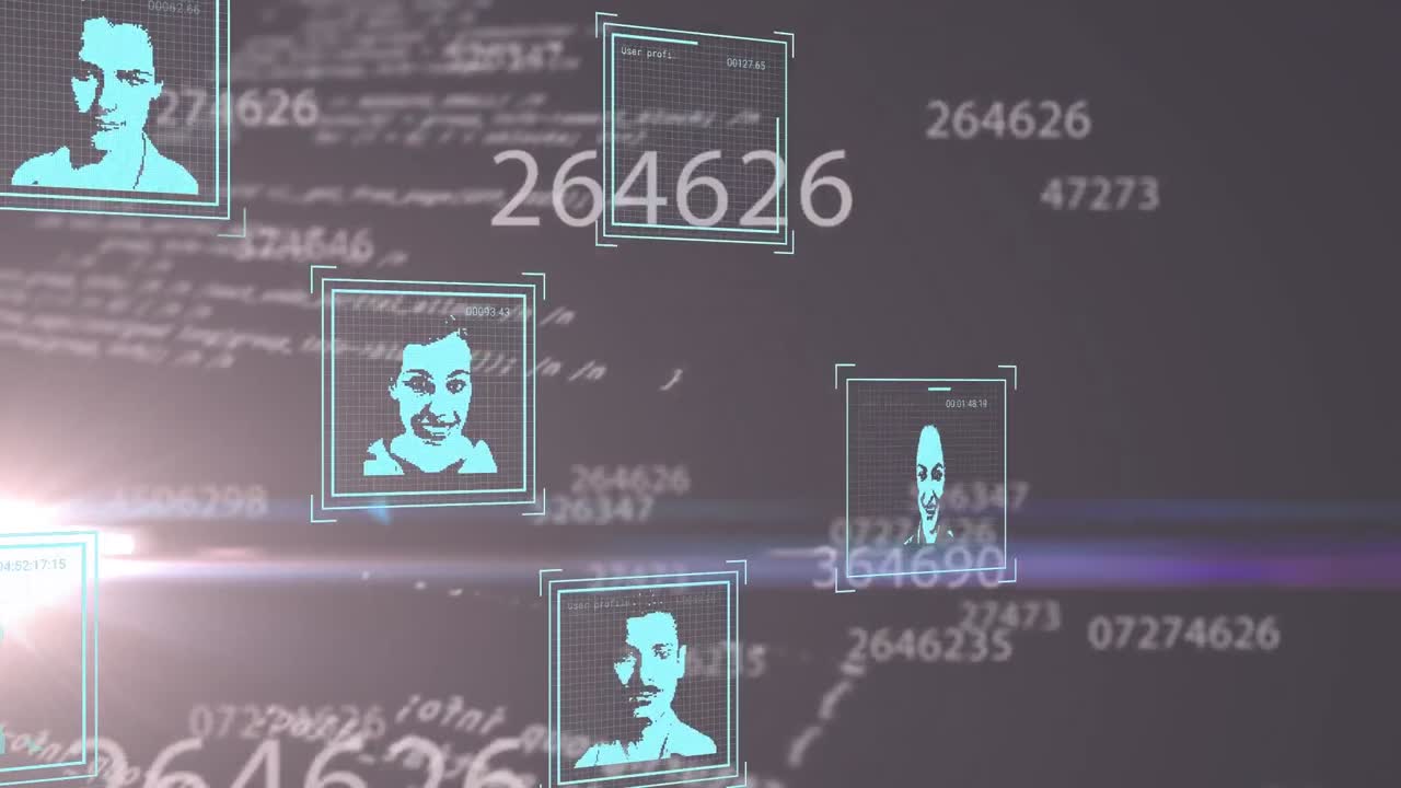 Animation of digital interface and data processing over dark background