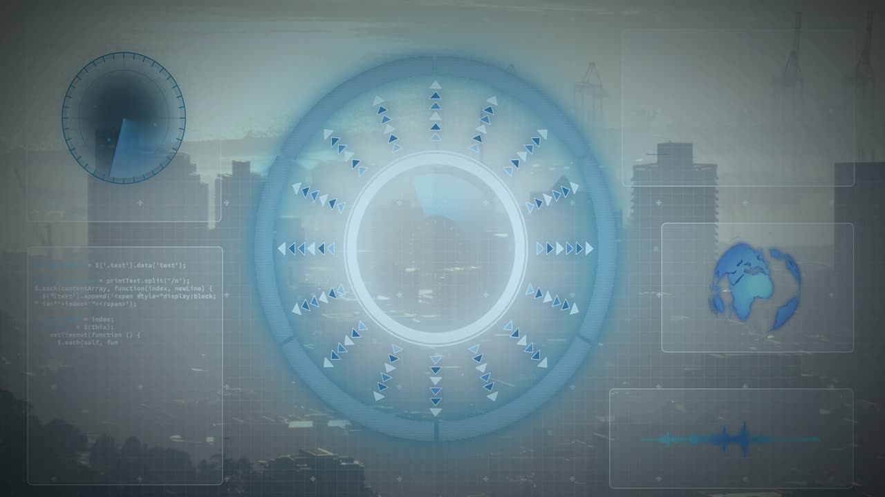 Blue HUD activating on start, shifting highlight, pulsing markers, scanning skyline for data