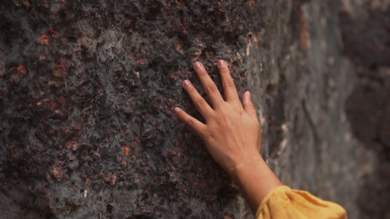 A hand touches a rough rock surface, creating a connection with nature