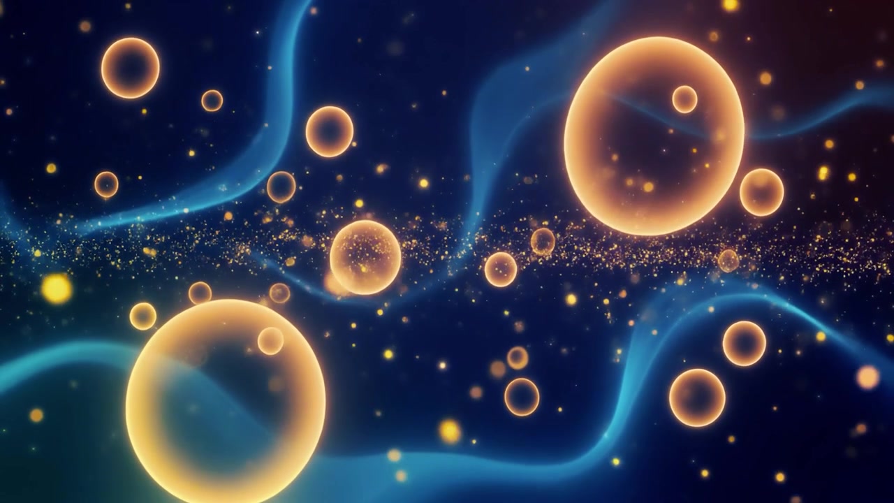 Sfondo animato astratto con globi dorati luminosi e onde di luce blu