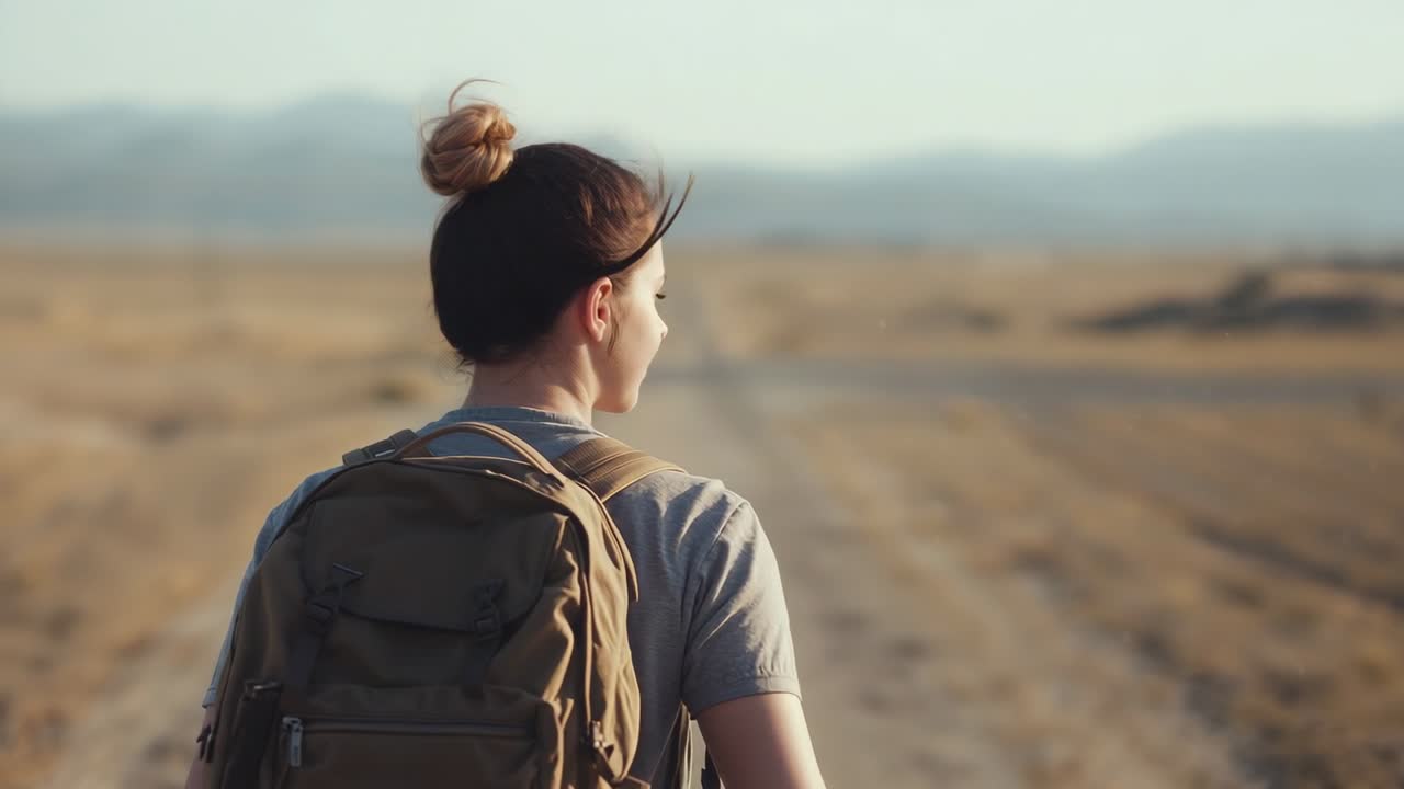 Inizio passeggiata, escursionista che si dirige verso le montagne su un sentiero sterrato non asfaltato, con uno zaino color kaki