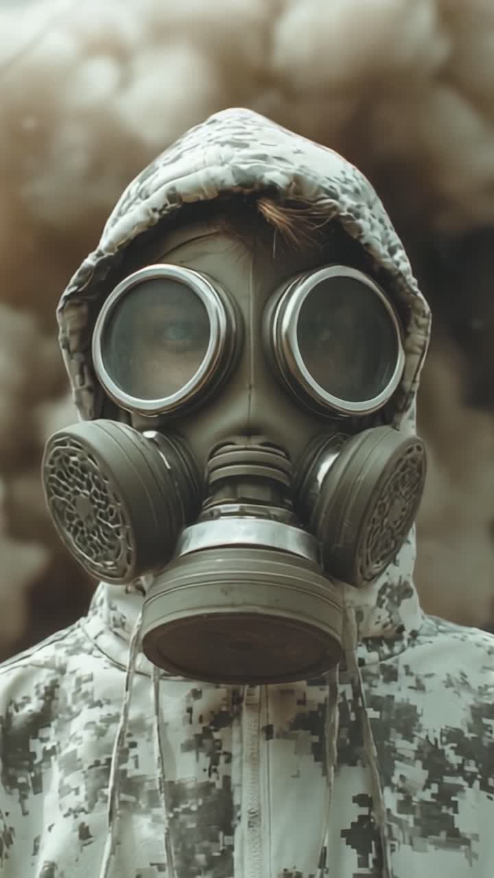 Una figura con una maschera antigas si erge con resilienza in mezzo a uno sfondo di fumo e caos, incarnando forza e la necessità di protezione in un ambiente pericoloso.