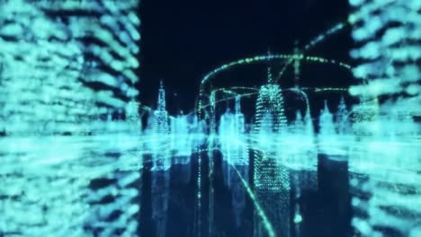a futuristic cityscape illuminated by neon lights and digital effects, showcasing a blend of technology and urban architecture in a stunning visual display