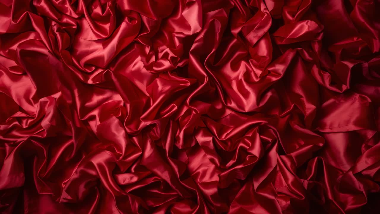 Tela de satén rojo ondeante que revela el movimiento de los pliegues tras un pequeño cambio en el estudio y un brillo lustroso