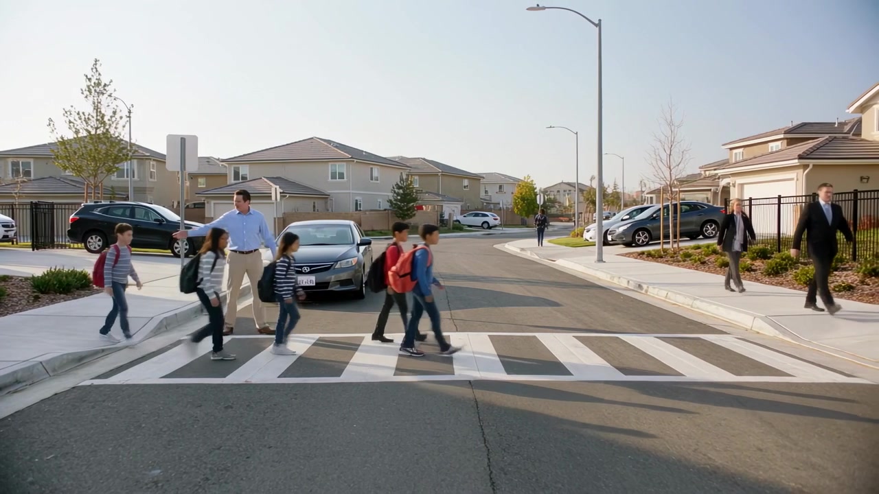 Extending arm, man in blue shirt stopping silver car, guiding five children across zebra crossing