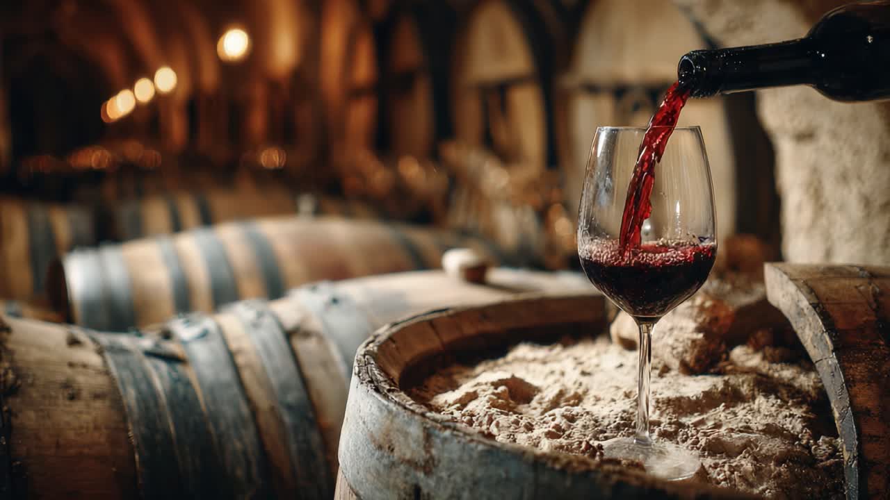 Uma vitrine cativante de um bom vinho sendo servido em uma taça, cercado por barris rústicos em uma adega com iluminação aconchegante, destacando a arte da produção e degustação de vinhos